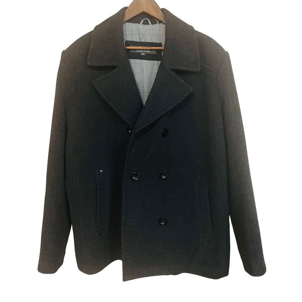 Kenneth Cole Reaction Mens Wool Blend Pea Coat XL Charcoal Grey Double Breasted